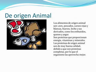 De origen AnimalLos alimentos de origen animal son: aves, pescados, carnes rojas y blancas, huevos, leche y sus derivados, como los embutidos, quesos y yogur.Son proteínas que proporcionan energía, vitaminas y minerales.Las proteínas de origen animal son de muy buena calidad, debido a que son proteínas completas, por lo que el organismo las aprovecha mejor.