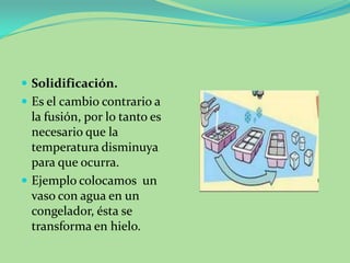 Solidificación.Es el cambio contrario a la fusión, por lo tanto es  necesario que la temperatura disminuya para que ocurra.Ejemplo colocamos  un vaso con agua en un congelador, ésta se transforma en hielo.