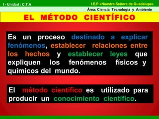 EL MÉTODO CIENTÍFICO
Es un proceso destinado a explicar
fenómenos, establecer relaciones entre
los hechos y establecer leyes que
expliquen los fenómenos físicos y
químicos del mundo.
El método científico es utilizado para
producir un conocimiento científico.
I - Unidad : C.T.A
Área: Ciencia Tecnología y Ambiente
I.E.P «Nuestra Señora de Guadalupe»
 