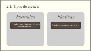 2.1. Tipos de ciencia
Formales
Estudian entes formales, ideales
o conceptuales.
Fácticas
Estudia el mundo de los hechos.
 