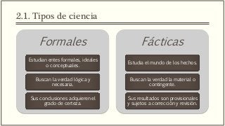 2.1. Tipos de ciencia
Formales
Estudian entes formales, ideales
o conceptuales.
Buscan la verdad lógica y
necesaria.
Sus conclusiones adquieren el
grado de certeza.
Fácticas
Estudia el mundo de los hechos.
Buscan la verdad la material o
contingente.
Sus resultados son provisionales
y sujetos a corrección y revisión.
 