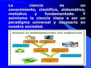 La ciencia es un conocimiento, científico, sistemático, metódico y fundamentado. Y asimismo la ciencia viene a ser un paradigma universal y necesario en nuestra sociedad. 