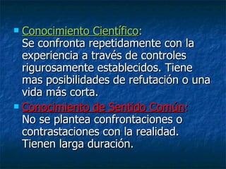 Conocimiento Científico :  Se confronta repetidamente con la experiencia a través de controles rigurosamente establecidos. Tiene mas posibilidades de refutación o una vida más corta. Conocimiento de Sentido Común :  No se plantea confrontaciones o contrastaciones con la realidad. Tienen larga duración. 