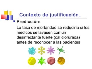 Contexto de justificación


Predicción :
La tasa de mortandad se reduciría si los
médicos se lavasen con un
desinfectante fuerte (cal clorurada)
antes de reconocer a las pacientes

 