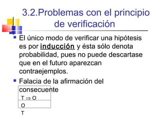 3.2.Problemas con el principio
de verificación




El único modo de verificar una hipótesis
es por inducción y ésta sólo denota
probabilidad, pues no puede descartase
que en el futuro aparezcan
contraejemplos.
Falacia de la afirmación del
consecuente
T⇒O
O
T

 