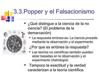 3.3.Popper y el Falsacionismo


¿Qué distingue a la ciencia de la no
ciencia? (El problema de la
demarcación)




¿Por que es errónea la respuesta?




La respuesta errónea es: La ciencia procede
mediante la observación y el experimento
Las teorías no científicas también pueden
estar basadas en la observación y el
experimento (Astrología)

Tampoco la exactitud y la verdad
caracterizan a la teoría científica.

 