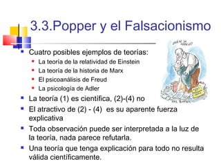 3.3.Popper y el Falsacionismo


Cuatro posibles ejemplos de teorías:












La teoría de la relatividad de Einstein
La teoría de la historia de Marx
El psicoanálisis de Freud
La psicología de Adler

La teoría (1) es científica, (2)-(4) no
El atractivo de (2) - (4) es su aparente fuerza
explicativa
Toda observación puede ser interpretada a la luz de
la teoría, nada parece refutarla.
Una teoría que tenga explicación para todo no resulta
válida científicamente.

 