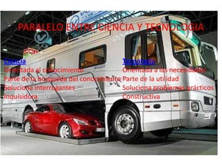 PARALELO ENTRE CIENCIA Y TECNOLOGIACienciaOrientada al conocimientoParte de la búsqueda del conocimientoSoluciona interrogantesInquisidoraTecnologíaOrientada a las necesidadesParte de la utilidadSoluciona problemas prácticosConstructiva