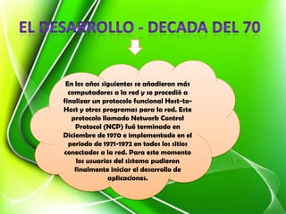 En los años siguientes se añadieron más
  computadores a la red y se procedió a
finalizar un protocolo funcional Host-to-
Host y otros programas para la red. Este
   protocolo llamado Network Control
    Protocol (NCP) fué terminado en
Diciembre de 1970 e implementado en el
  periodo de 1971-1972 en todos los sitios
conectados a la red. Para este momento
     los usuarios del sistema pudieron
    finalmente iniciar el desarrollo de
                aplicaciones.
 