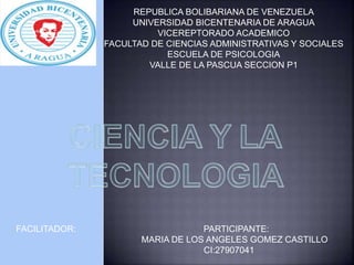 REPUBLICA BOLIBARIANA DE VENEZUELA
UNIVERSIDAD BICENTENARIA DE ARAGUA
VICEREPTORADO ACADEMICO
FACULTAD DE CIENCIAS ADMINISTRATIVAS Y SOCIALES
ESCUELA DE PSICOLOGIA
VALLE DE LA PASCUA SECCION P1
FACILITADOR: PARTICIPANTE:
MARIA DE LOS ANGELES GOMEZ CASTILLO
CI:27907041
 