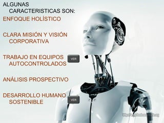 ALGUNAS
CARACTERISTICAS SON:
ENFOQUE HOLÍSTICO
CLARA MISIÓN Y VISIÓN
CORPORATIVA
TRABAJO EN EQUIPOS
AUTOCONTROLADOS
ANÁLISIS PROSPECTIVO
DESARROLLO HUMANO
SOSTENIBLE
VER
VER
 