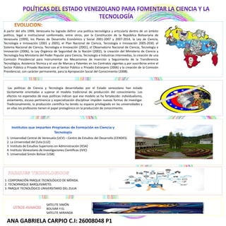 A partir del año 1999, Venezuela ha logrado definir una política tecnológica y articularla dentro de un ámbito
político, legal e institucional conformado, entre otros, por la Constitución de la República Bolivariana de
Venezuela (1999), los Planes de Desarrollo Económico y Social 2001-2007 y 2007-2014, la Ley de Ciencia,
Tecnología e Innovación (2001 y 2005), el Plan Nacional de Ciencia, Tecnología e Innovación 2005-2030, el
Sistema Nacional de Ciencia, Tecnología e Innovación (2001), el Observatorio Nacional de Ciencia, Tecnología e
Innovación (2006), la Ley Orgánica de Seguridad de la Nación (2002), la creación del Ministerio de Ciencia y
Tecnología hoy Ministerio del Poder Popular para Ciencia, Tecnología e Industrias Intermedias, la creación de una
Comisión Presidencial para Instrumentar los Mecanismos de Inserción y Seguimiento de la Transferencia
Tecnológica, Asistencia Técnica y el uso de Marcas y Patentes en los Contratos vigentes y por suscribirse entre el
Sector Público o Privado Nacional con el Sector Público o Privado Extranjero (2006) y la creación de la Comisión
Presidencial, con carácter permanente, para la Apropiación Social del Conocimiento (2008).
1. Universidad Central de Venezuela (UCV) – Centro de Estudios del Desarrollo (CENDES)
2. La Universidad del Zulia (LUZ)
3. Instituto de Estudios Superiores en Administración (IESA)
4. Instituto Venezolano de Investigaciones Científicas (IVIC)
5. Universidad Simón Bolívar (USB)
Las políticas de Ciencia y Tecnología desarrolladas por el Estado venezolano han estado
tácitamente orientadas a superar el modelo tradicional de producción del conocimiento. Los
efectos no esperados de esas políticas indican que ese modelo se ha fortalecido: individualismo,
aislamiento, escasa pertinencia y especialización disciplinar impiden nuevas formas de investigar.
Tradicionalmente, la producción científica ha tenido su espacio privilegiado en las universidades y
en ellas los profesores tienen el papel protagónico en la producción de conocimiento.
1. CORPORACIÓN PARQUE TECNOLÓGICO DE MÉRIDA.
2. TECNOPARQUE BARQUISIMETO.
3. PARQUE TECNOLÓGICO UNIVERSITARIO DEL ZULIA
SATELITE SIMÓN
BOLIVAR Y EL
SATELITE MIRANDA
ANA GABRIELA CARPIO C.I: 26008048 P1
 