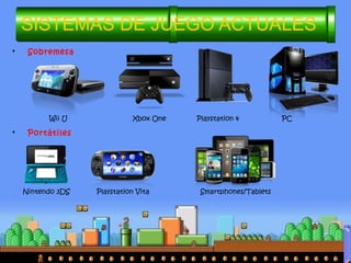 SISTEMAS DE JUEGO ACTUALES
• Sobremesa
• Portátiles
Wii U Xbox One Playstation 4 PC
Nintendo 3DS Playstation Vita Smartphones/Tablets
 