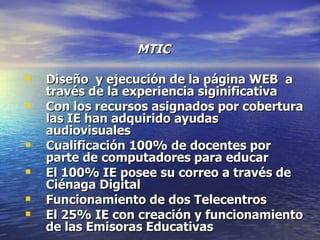 MTIC Diseño  y ejecución de la página WEB  a través de la experiencia siginificativa Con los recursos asignados por cobertura las IE han adquirido ayudas audiovisuales Cualificación 100% de docentes por parte de computadores para educar El 100% IE posee su correo a través de Ciénaga Digital Funcionamiento de dos Telecentros El 25% IE con creación y funcionamiento de las Emisoras Educativas 