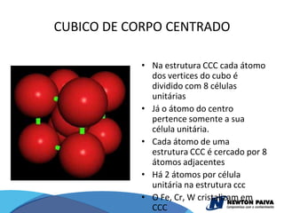 CUBICO DE CORPO CENTRADO

           • Na estrutura CCC cada átomo
             dos vertices do cubo é
             dividido com 8 células
             unitárias
           • Já o átomo do centro
             pertence somente a sua
             célula unitária.
           • Cada átomo de uma
             estrutura CCC é cercado por 8
             átomos adjacentes
           • Há 2 átomos por célula
             unitária na estrutura ccc
           • O Fe, Cr, W cristalizam em
             CCC
 