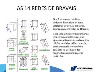 AS 14 REDES DE BRAVAIS
             Dos 7 sistemas cristalinos
             podemos identificar 14 tipos
             diferentes de células unitárias,
             conhecidas com redes de Bravais.
             Cada uma destas células unitárias
             tem certas características que
             ajudam a diferenciá-las das outras
             células unitárias. Além do mais,
             estas características também
             auxiliam na definição das
             propriedades de um material
             particular.
 