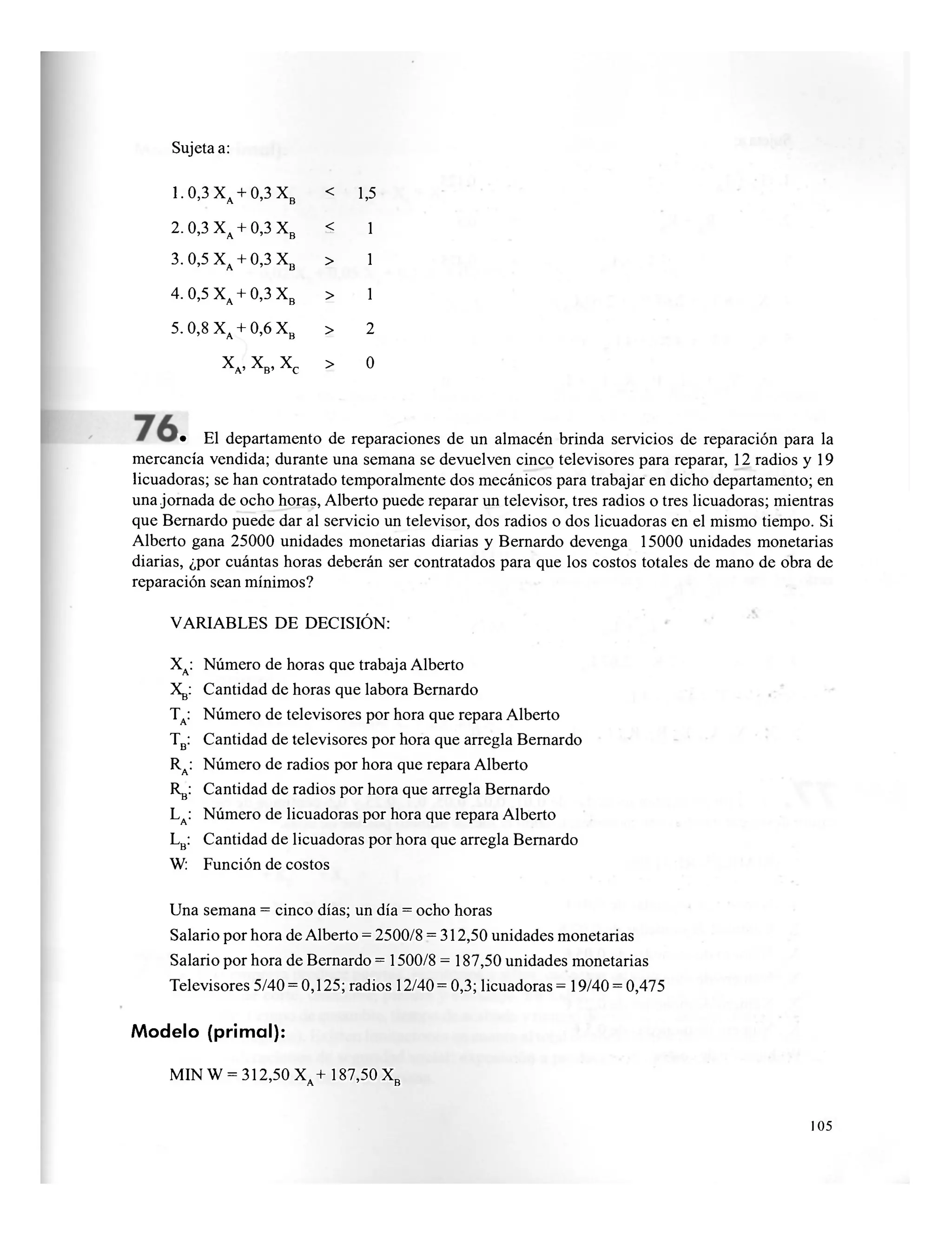 Sujeta a:
L 0,3 XA + 0,3 XB
< 1,5
2.0,3 XA + 0,3 XB
< 1
3.0,5XA + 0,3 Xb > 1
4.0,5 XA + 0,3 XB > 1
5. 0,8 XA + 0,6 Xb > 2
X
A ' X
B '
X
c > 0
• El departamento de reparaciones de un almacén brinda servicios de reparación para la
mercancía vendida; durante una semana se devuelven cinco televisores para reparar, 12 radios y 19
licuadoras; se han contratado temporalmente dos mecánicos para trabajar en dicho departamento; en
una jornada de ocho horas, Alberto puede reparar un televisor, tres radios o tres licuadoras; mientras
que Bernardo puede dar al servicio un televisor, dos radios o dos licuadoras en el mismo tiempo. Si
Alberto gana 25000 unidades monetarias diarias y Bernardo devenga 15000 unidades monetarias
diarias, ¿por cuántas horas deberán ser contratados para que los costos totales de mano de obra de
reparación sean mínimos?
VARIABLES DE DECISIÓN:
XA: Número de horas que trabaja Alberto
Xgi Cantidad de horas que labora Bernardo
TA: Número de televisores por hora que repara Alberto
Tb: Cantidad de televisores por hora que arregla Bernardo
Ra: Número de radios por hora que repara Alberto
Rb: Cantidad de radios por hora que arregla Bernardo
La: Número de licuadoras por hora que repara Alberto
Lb: Cantidad de licuadoras por hora que arregla Bernardo
W: Función de costos
Una semana = cinco días; un día = ocho horas
Salario por hora de Alberto = 2500/8 = 312,50 unidades monetarias
Salario por hora de Bernardo = 1500/8 = 187,50 unidades monetarias
Televisores 5/40 = 0,125; radios 12/40 = 0,3; licuadoras = 19/40 = 0,475
Modelo (primal):
MIN W = 312,50 X + 187,50 XnA ' B
105
 