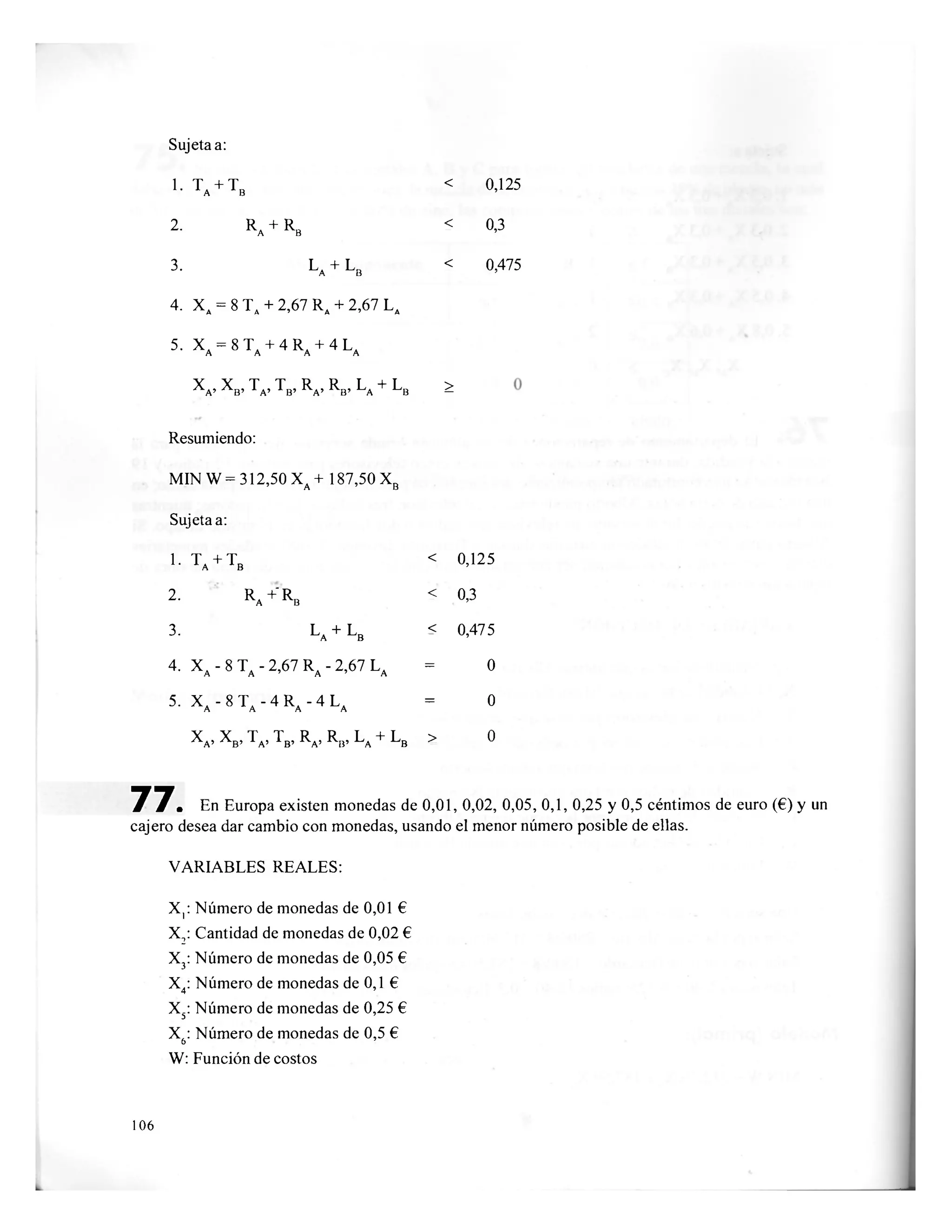 Sujeta a:
1. T.+T_ < 0,125A B 7
2. Ra + Rb < 0,3
3. L, + L„ < 0,475A B
4. X = 8 T4 + 2,67 R4 + 2,67 L4A A ' A " A
5. XA = 8 Ta + 4 Ra + 4 La
X
A ' X
B ' T
A ' T
B ' R
A ' R
B ' L
A + L
B ^
Resumiendo:
MIN W = 312,50 X4 + 187,50 XR' A ' B
Sujeta a:
1. TA + Tb < 0,125
2. R4 +'Ra < 0,3A B
3. La + Lb < 0,475
4. X, - 8 T. - 2,67 R. - 2,67 L, = 0A A ' A ' A
5. X a - 8 T a - 4 R a - 4 L a = 0
X
A > X
B ' Ta, Tb, Ra, Rb, La + Lb > o
7 7 . En Europa existen monedas de 0,01, 0,02, 0,05, 0,1, 0,25 y 0,5 céntimos de euro (€) y un
cajero desea dar cambio con monedas, usando el menor número posible de ellas.
VARIABLES REALES:
X,: Número de monedas de 0,01 €
X2: Cantidad de monedas de 0,02 €
X3: Número de monedas de 0,05 €
X4: Número de monedas de 0,1 €
X5: Número de monedas de 0,25 €
X&: Número de monedas de 0,5 €
W: Función de costos
106
 