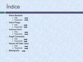 Índice
 María Barbeito
 Vida
 Traxectoria
 Isidro Parga
 Vida
 Traxectoria
 Antonia Ferrín
 Vida
 Traxectoria
 Ángel Carracedo
 Vida
 Traxectoria
 Ramón Mª Aller Ulloa
 Vida
 Traxectoria
 Bibliografía
 