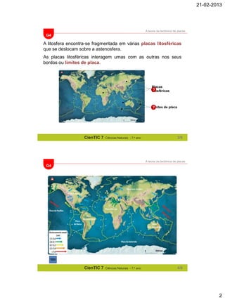 21-02-2013

A teoria da tectónica de placas

G4

A litosfera encontra-se fragmentada em várias placas litosféricas
que se deslocam sobre a astenosfera.
As placas litosféricas interagem umas com as outras nos seus
bordos ou limites de placa.

Placas
?
litosféricas

Limites de placa
?

CienTIC 7

Ciências Naturais - 7.o ano

3/8

A teoria da tectónica de placas

G4

CienTIC 7

Ciências Naturais - 7.o ano

4/8

2

 