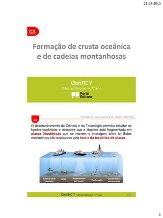 21-02-2013

G3

Formação de crusta oceânica
e de cadeias montanhosas
CienTIC 7
Ciências Naturais – 7.º ano

Formação de crusta oceânica e de cadeias montanhosas

G3

O desenvolvimento da Ciência e da Tecnologia permitiu estudar os
fundos oceânicos e descobrir que a litosfera está fragmentada em
placas litosféricas que se movem e interagem entre si. Estes
movimentos são explicados pela teoria da tectónica de placas.

Submersível
tripulado

ROV

Mapeamento
por sonar

CienTIC 7

Perfuração

Ciências Naturais - 7.o ano

Observatório
permanente

2/5

1

 