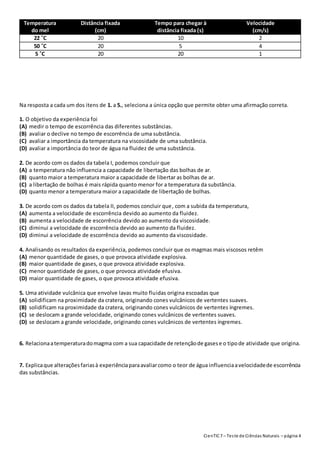 CienTIC7 – Teste de Ciências Naturais – página 4
Temperatura
do mel
Distância fixada
(cm)
Tempo para chegar à
distância fixada (s)
Velocidade
(cm/s)
22 ˚C 20 10 2
50 ˚C 20 5 4
5 ˚C 20 20 1
Na resposta a cada um dos itens de 1. a 5., seleciona a única opção que permite obter uma afirmação correta.
1. O objetivo da experiência foi
(A) medir o tempo de escorrência das diferentes substâncias.
(B) avaliar o declive no tempo de escorrência de uma substância.
(C) avaliar a importância da temperatura na viscosidade de uma substância.
(D) avaliar a importância do teor de água na fluidez de uma substância.
2. De acordo com os dados da tabela I, podemos concluir que
(A) a temperatura não influencia a capacidade de libertação das bolhas de ar.
(B) quanto maior a temperatura maior a capacidade de libertar as bolhas de ar.
(C) a libertação de bolhas é mais rápida quanto menor for a temperatura da substância.
(D) quanto menor a temperatura maior a capacidade de libertação de bolhas.
3. De acordo com os dados da tabela II, podemos concluir que, com a subida da temperatura,
(A) aumenta a velocidade de escorrência devido ao aumento da fluidez.
(B) aumenta a velocidade de escorrência devido ao aumento da viscosidade.
(C) diminui a velocidade de escorrência devido ao aumento da fluidez.
(D) diminui a velocidade de escorrência devido ao aumento da viscosidade.
4. Analisando os resultados da experiência, podemos concluir que os magmas mais viscosos retêm
(A) menor quantidade de gases, o que provoca atividade explosiva.
(B) maior quantidade de gases, o que provoca atividade explosiva.
(C) menor quantidade de gases, o que provoca atividade efusiva.
(D) maior quantidade de gases, o que provoca atividade efusiva.
5. Uma atividade vulcânica que envolve lavas muito fluidas origina escoadas que
(A) solidificam na proximidade da cratera, originando cones vulcânicos de vertentes suaves.
(B) solidificam na proximidade da cratera, originando cones vulcânicos de vertentes íngremes.
(C) se deslocam a grande velocidade, originando cones vulcânicos de vertentes suaves.
(D) se deslocam a grande velocidade, originando cones vulcânicos de vertentes íngremes.
6. Relacionaatemperaturadomagma com a sua capacidade de retençãode gasese o tipode atividade que origina.
7. Explicaque alteraçõesfariasà experiênciaparaavaliarcomo o teor de água influenciaavelocidadede escorrência
das substâncias.
 