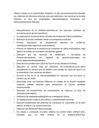 inferior) incluso si su conectividad sináptica y el tipo de neurotransmisor liberado
son idénticos (la diferencia entre las neuronas talámicas y las neuronas de la oliva
infererior es que las propiedades electrofisiologícas intrínsecas son
extraordinariamente distintas).



Descubrimiento de la inhibición dendrítica en las neuronas centrales (en
la motoneuronas de los mamíferos).



La organización funcional de los circuitos neuronales del Córtex cerebeloso.



Definición la función cerebelar desde una perspectiva evolutiva.



Primera
descripción
de
acoplamiento
mamiferos(núcleo trigeminal mesencefálico).



Primero en determinar la existencia de corrientes de calcio presinapticas, bajo
fijación de voltaje, en la sinapsis del calamar gigante.



Descubrir que las neuronas de vertebrados ( las células
Purkinje del cerebelo)
son
capaces
de
generar potenciales
acción dependendientesdelcalcio.



Descubrir los canales para calcio de Tipo-P en las células de Purkinje.



Descubrir

el

umbral

bajo

de

activación

eléctrico

en

el SNC de

de
de

de conductancia al ion calcio

(actualmente se conoce que es debido a los canales de calcio de tipo-T) en
la olivainferior y las neuronas del tálamo.


Enuncio la ley de la no intercambiabilidad de neuronas que hoy lleva su
nombre Ley de Llinás.



Desarrollar junto con Andreas Pellionisz un modelo de la función cerebelar
mediante análisis tensorial para comprender el circuito cerebelar
dinámicamente.



Descubrir los microdominios de concentración de calcio en la zona de
activación presináptica.



Utilización de magnetoencefalografía en investigación clínica.



Su trabajo pionero sobre la oliva inferior y autoritmicidad neuronal.



Descubrir oscilaciones del potencial de membrana en subumbral, en la oliva
inferior, el tálamo y la corteza entorrinal.



Descubrir las DisritmiasTalamocorticales.



Ha creado y construido el primer sistema de control motor artificial olivocerebelar
que
ha
sido
incluido
en
el
proyecto BAUV Bio-

 