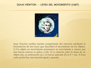 ISAAC NEWTON - LEYES DEL MOVIMIENTO (1687)
Isaac Newton cambia nuestra comprensión del universo mediante la
formulación de tres leyes que describen el movimiento de los objetos.
1) Un objeto en movimiento permanece en movimiento a menos que
una fuerza externa se aplica a ella. 2) La relación entre la masa de un
objeto (m), su aceleración (a) y la fuerza aplicada (F) es F = ma. 3) Para
cada acción hay una reacción igual y opuesta.
 
