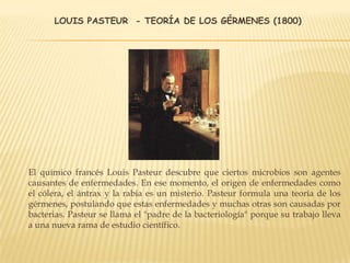 LOUIS PASTEUR - TEORÍA DE LOS GÉRMENES (1800)
El químico francés Louis Pasteur descubre que ciertos microbios son agentes
causantes de enfermedades. En ese momento, el origen de enfermedades como
el cólera, el ántrax y la rabia es un misterio. Pasteur formula una teoría de los
gérmenes, postulando que estas enfermedades y muchas otras son causadas por
bacterias. Pasteur se llama el "padre de la bacteriología" porque su trabajo lleva
a una nueva rama de estudio científico.
 