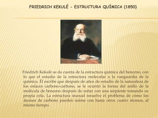 FRIEDRICH KEKULÉ - ESTRUCTURA QUÍMICA (1850)
Friedrich Kekulé se da cuenta de la estructura química del benceno, con
lo que el estudio de la estructura molecular a la vanguardia de la
química. Él escribe que después de años de estudio de la naturaleza de
los enlaces carbono-carbono, se le ocurrió la forma del anillo de la
molécula de benceno después de soñar con una serpiente tomando su
propia cola. La estructura inusual resuelve el problema de cómo los
átomos de carbono pueden unirse con hasta otros cuatro átomos, al
mismo tiempo.
 