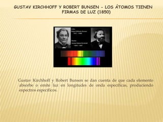 GUSTAV KIRCHHOFF Y ROBERT BUNSEN - LOS ÁTOMOS TIENEN
FIRMAS DE LUZ (1850)
Gustav Kirchhoff y Robert Bunsen se dan cuenta de que cada elemento
absorbe o emite luz en longitudes de onda específicas, produciendo
espectros específicos.
 