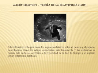 ALBERT EINSTEIN - TEORÍA DE LA RELATIVIDAD (1905)
Albert Einstein echa por tierra los supuestos básicos sobre el tiempo y el espacio,
describiendo cómo los relojes avanzarían más lentamente y las distancias se
harían más cortas al acercarse a la velocidad de la luz. El tiempo y el espacio
serían totalmente relativos.
 