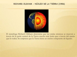 RICHARD OLDHAM - NÚCLEO DE LA TIERRA (1906)
El sismólogo Richard Oldham determina que las ondas sísmicas se mueven a
través de la parte central de la Tierra mucho más lento que a través del manto
que lo rodea. Se conjetura que la Tierra tiene un núcleo compuesto de líquido.
 