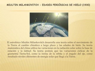 MIULTIN MILANKOVITCH - EDADES PERIÓDICAS DE HIELO (1930)
El astrofísico Miultin Milankovitch desarrolla una teoría sobre el movimiento de
la Tierra al cambio climático a largo plazo y las edades de hielo. Su teoría
matemática del clima utiliza las variaciones en la radiación solar sobre la base de
estación y la latitud. Su teoría postula que las variaciones cíclicas de la
geometría Tierra-Sol, como la forma de la órbita y el ángulo del eje, como
resultado niveles diferentes de energía solar que llega a la Tierra.
 