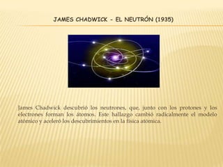 JAMES CHADWICK - EL NEUTRÓN (1935)
James Chadwick descubrió los neutrones, que, junto con los protones y los
electrones forman los átomos. Este hallazgo cambió radicalmente el modelo
atómico y aceleró los descubrimientos en la física atómica.
 