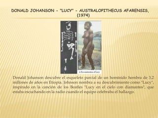 DONALD JOHANSON - "LUCY" - AUSTRALOPITHECUS AFARENSIS,
(1974)
Donald Johanson descubre el esqueleto parcial de un homínido hembra de 3,2
millones de años en Etiopía. Johnson nombra a su descubrimiento como "Lucy",
inspirado en la canción de los Beatles "Lucy en el cielo con diamantes", que
estaba escuchando en la radio cuando el equipo celebraba el hallazgo.
 
