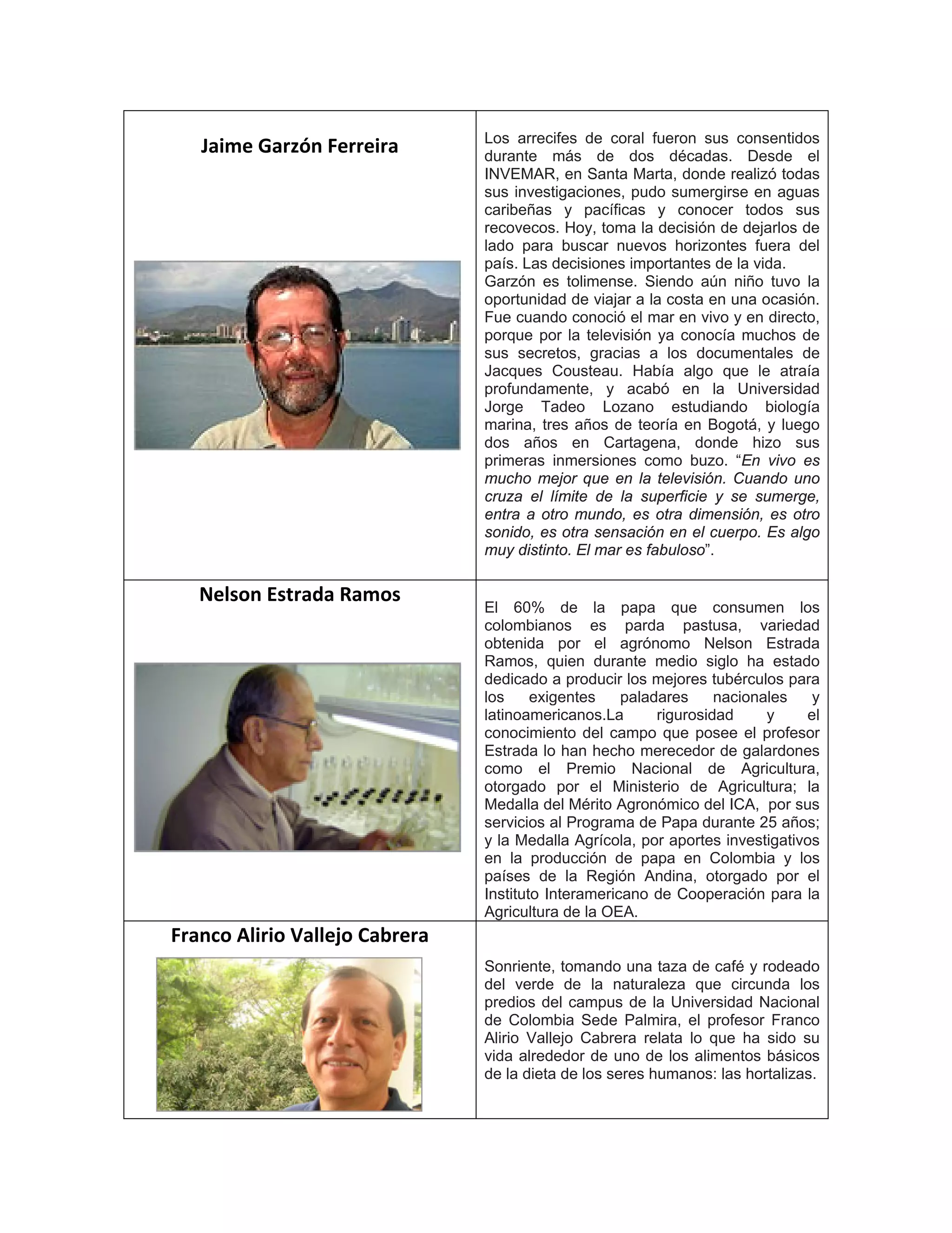Jaime Garzón Ferreira Los arrecifes de coral fueron sus consentidos
durante más de dos décadas. Desde el
INVEMAR, en Santa Marta, donde realizó todas
sus investigaciones, pudo sumergirse en aguas
caribeñas y pacíficas y conocer todos sus
recovecos. Hoy, toma la decisión de dejarlos de
lado para buscar nuevos horizontes fuera del
país. Las decisiones importantes de la vida.
Garzón es tolimense. Siendo aún niño tuvo la
oportunidad de viajar a la costa en una ocasión.
Fue cuando conoció el mar en vivo y en directo,
porque por la televisión ya conocía muchos de
sus secretos, gracias a los documentales de
Jacques Cousteau. Había algo que le atraía
profundamente, y acabó en la Universidad
Jorge Tadeo Lozano estudiando biología
marina, tres años de teoría en Bogotá, y luego
dos años en Cartagena, donde hizo sus
primeras inmersiones como buzo. “En vivo es
mucho mejor que en la televisión. Cuando uno
cruza el límite de la superficie y se sumerge,
entra a otro mundo, es otra dimensión, es otro
sonido, es otra sensación en el cuerpo. Es algo
muy distinto. El mar es fabuloso”.
Nelson Estrada Ramos
El 60% de la papa que consumen los
colombianos es parda pastusa, variedad
obtenida por el agrónomo Nelson Estrada
Ramos, quien durante medio siglo ha estado
dedicado a producir los mejores tubérculos para
los exigentes paladares nacionales y
latinoamericanos.La rigurosidad y el
conocimiento del campo que posee el profesor
Estrada lo han hecho merecedor de galardones
como el Premio Nacional de Agricultura,
otorgado por el Ministerio de Agricultura; la
Medalla del Mérito Agronómico del ICA, por sus
servicios al Programa de Papa durante 25 años;
y la Medalla Agrícola, por aportes investigativos
en la producción de papa en Colombia y los
países de la Región Andina, otorgado por el
Instituto Interamericano de Cooperación para la
Agricultura de la OEA.
Franco Alirio Vallejo Cabrera
Sonriente, tomando una taza de café y rodeado
del verde de la naturaleza que circunda los
predios del campus de la Universidad Nacional
de Colombia Sede Palmira, el profesor Franco
Alirio Vallejo Cabrera relata lo que ha sido su
vida alrededor de uno de los alimentos básicos
de la dieta de los seres humanos: las hortalizas.
 