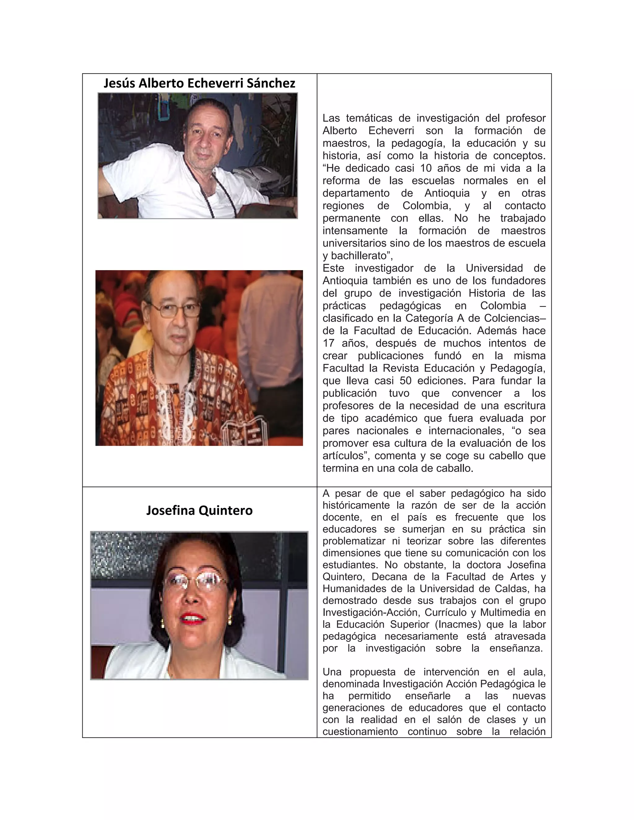 Jesús Alberto Echeverri Sánchez
Las temáticas de investigación del profesor
Alberto Echeverri son la formación de
maestros, la pedagogía, la educación y su
historia, así como la historia de conceptos.
“He dedicado casi 10 años de mi vida a la
reforma de las escuelas normales en el
departamento de Antioquia y en otras
regiones de Colombia, y al contacto
permanente con ellas. No he trabajado
intensamente la formación de maestros
universitarios sino de los maestros de escuela
y bachillerato”,
Este investigador de la Universidad de
Antioquia también es uno de los fundadores
del grupo de investigación Historia de las
prácticas pedagógicas en Colombia –
clasificado en la Categoría A de Colciencias–
de la Facultad de Educación. Además hace
17 años, después de muchos intentos de
crear publicaciones fundó en la misma
Facultad la Revista Educación y Pedagogía,
que lleva casi 50 ediciones. Para fundar la
publicación tuvo que convencer a los
profesores de la necesidad de una escritura
de tipo académico que fuera evaluada por
pares nacionales e internacionales, “o sea
promover esa cultura de la evaluación de los
artículos”, comenta y se coge su cabello que
termina en una cola de caballo.
Josefina Quintero
A pesar de que el saber pedagógico ha sido
históricamente la razón de ser de la acción
docente, en el país es frecuente que los
educadores se sumerjan en su práctica sin
problematizar ni teorizar sobre las diferentes
dimensiones que tiene su comunicación con los
estudiantes. No obstante, la doctora Josefina
Quintero, Decana de la Facultad de Artes y
Humanidades de la Universidad de Caldas, ha
demostrado desde sus trabajos con el grupo
Investigación-Acción, Currículo y Multimedia en
la Educación Superior (Inacmes) que la labor
pedagógica necesariamente está atravesada
por la investigación sobre la enseñanza.
Una propuesta de intervención en el aula,
denominada Investigación Acción Pedagógica le
ha permitido enseñarle a las nuevas
generaciones de educadores que el contacto
con la realidad en el salón de clases y un
cuestionamiento continuo sobre la relación
 