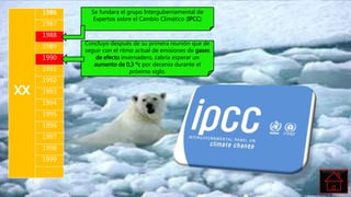 xx
1986
1987
1988
1989
1990
1991
1992
1993
1994
1995
1996
1997
1998
1999
…
Se fundara el grupo Intergubernamental de
Expertos sobre el Cambio Climático (IPCC)
Concluyo después de su primera reunión que de
seguir con el ritmo actual de emisiones de gases
de efecto invernadero, cabría esperar un
aumento de 0,3 ºc por decenio durante el
próximo siglo.
 