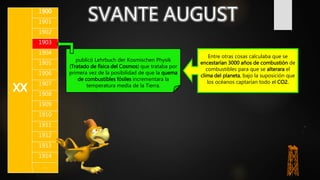 xx
1900
1901
1902
1903
1904
1905
1906
1907
1908
1909
1910
1911
1912
1913
1914
…
publicó Lehrbuch der Kosmischen Physik
(Tratado de física del Cosmos) que trataba por
primera vez de la posibilidad de que la quema
de combustibles fósiles incrementara la
temperatura media de la Tierra.
Entre otras cosas calculaba que se
encestarían 3000 años de combustión de
combustibles para que se alterara el
clima del planeta, bajo la suposición que
los océanos captarían todo el CO2.
 