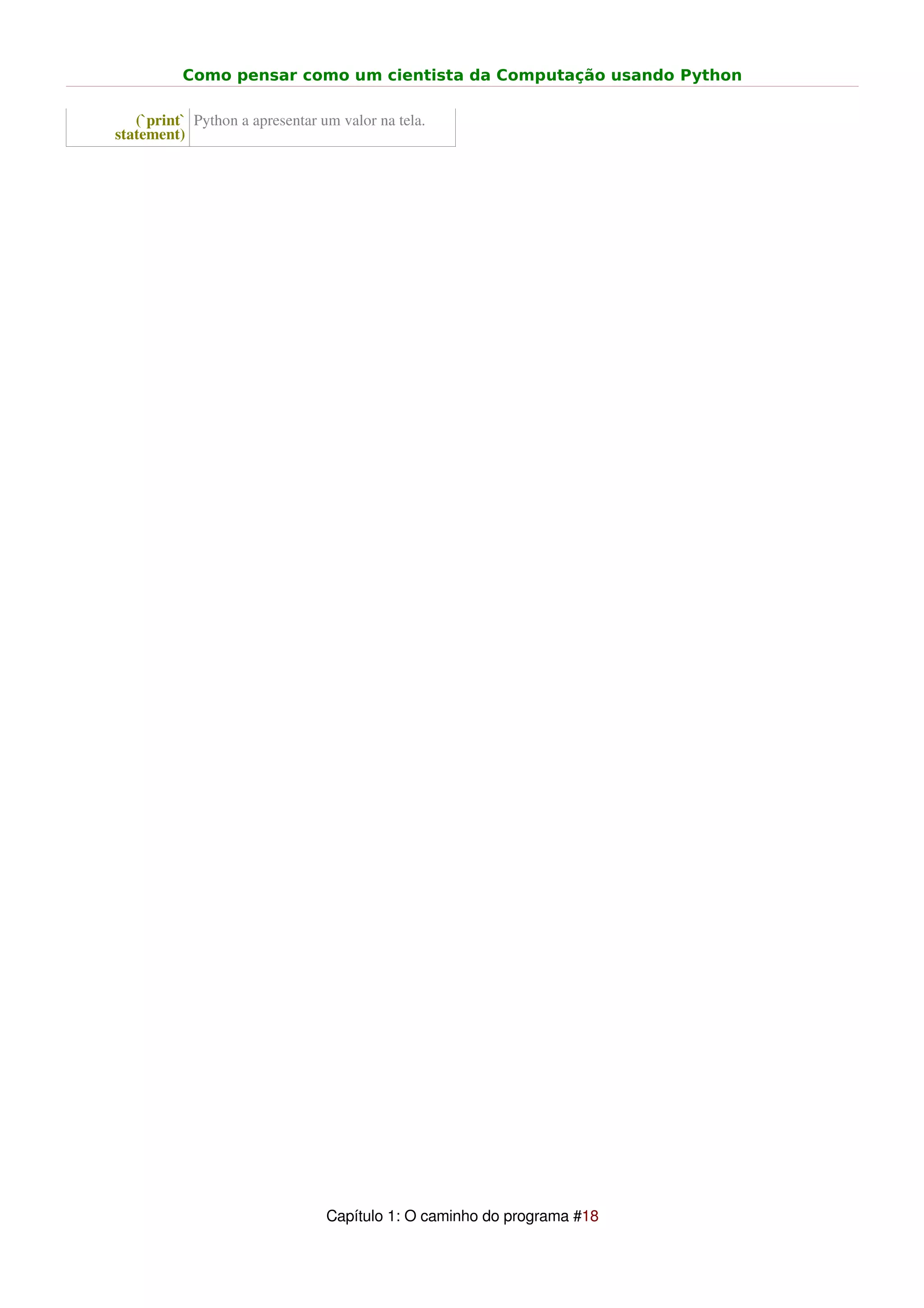 Como pensar como um cientista da Computação usando Python

   (`print` Python a apresentar um valor na tela.
statement)




                                 Capítulo 1: O caminho do programa #18
 