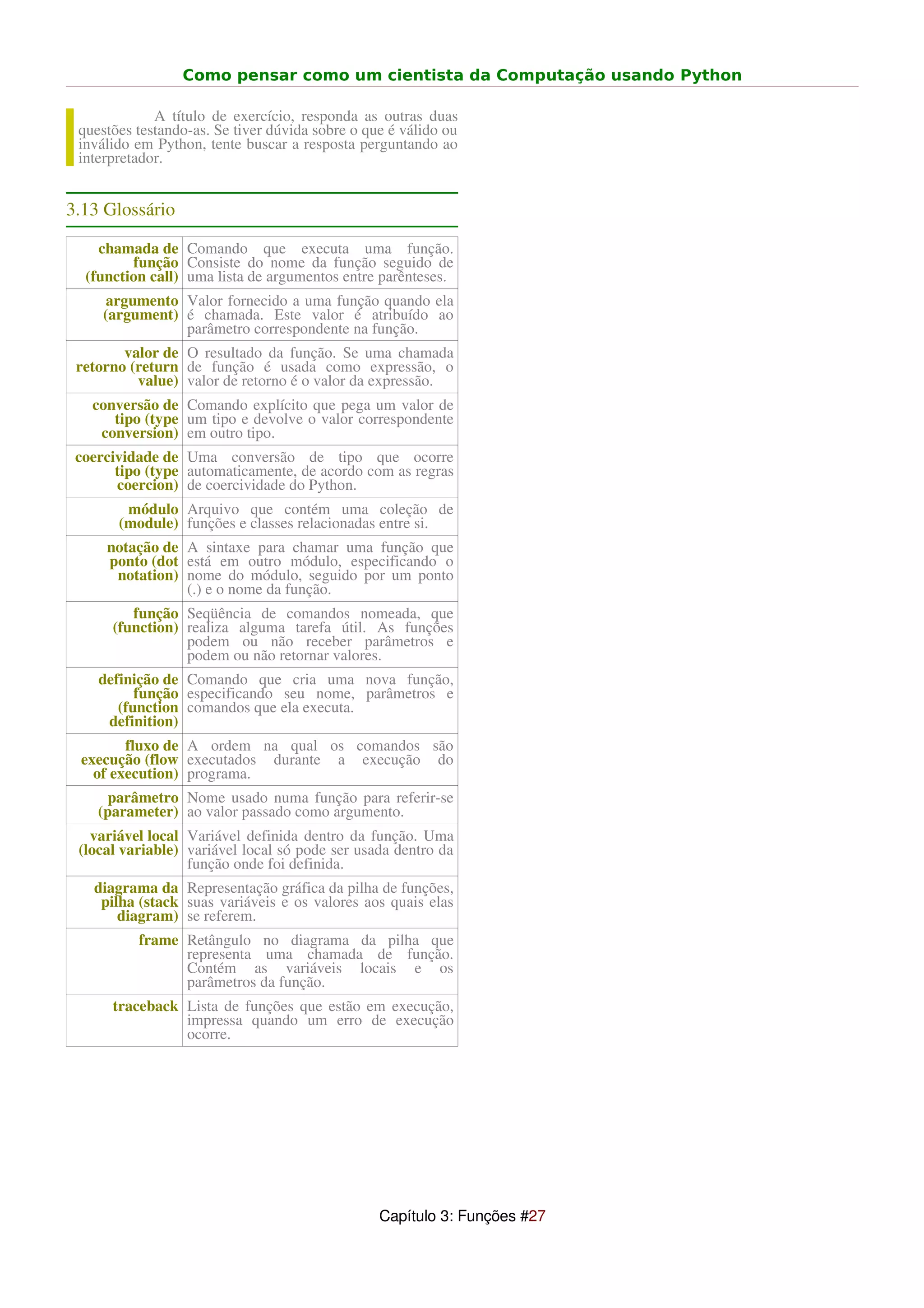 Como pensar como um cientista da Computação usando Python

             A título de exercício, responda as outras duas
 questões testando-as. Se tiver dúvida sobre o que é válido ou
 inválido em Python, tente buscar a resposta perguntando ao
 interpretador.


3.13 Glossário

    chamada de Comando que executa uma função.
         função Consiste do nome da função seguido de
  (function call) uma lista de argumentos entre parênteses.
     argumento Valor fornecido a uma função quando ela
     (argument) é chamada. Este valor é atribuído ao
                parâmetro correspondente na função.
        valor de O resultado da função. Se uma chamada
 retorno (return de função é usada como expressão, o
          value) valor de retorno é o valor da expressão.
   conversão de Comando explícito que pega um valor de
      tipo (type um tipo e devolve o valor correspondente
    conversion) em outro tipo.
 coercividade de Uma conversão de tipo que ocorre
       tipo (type automaticamente, de acordo com as regras
       coercion) de coercividade do Python.
        módulo Arquivo que contém uma coleção de
       (module) funções e classes relacionadas entre si.
     notação de A sintaxe para chamar uma função que
     ponto (dot está em outro módulo, especificando o
      notation) nome do módulo, seguido por um ponto
                (.) e o nome da função.
         função Seqüência de comandos nomeada, que
      (function) realiza alguma tarefa útil. As funções
                 podem ou não receber parâmetros e
                 podem ou não retornar valores.
    definição de Comando que cria uma nova função,
          função especificando seu nome, parâmetros e
       (function comandos que ela executa.
     definition)
        fluxo de A ordem na qual os comandos são
 execução (flow executados durante a execução do
   of execution) programa.
      parâmetro Nome usado numa função para referir-se
    (parameter) ao valor passado como argumento.
   variável local Variável definida dentro da função. Uma
 (local variable) variável local só pode ser usada dentro da
                  função onde foi definida.
   diagrama da Representação gráfica da pilha de funções,
    pilha (stack suas variáveis e os valores aos quais elas
       diagram) se referem.
          frame Retângulo no diagrama da pilha que
                representa uma chamada de função.
                Contém as variáveis locais e os
                parâmetros da função.
      traceback Lista de funções que estão em execução,
                impressa quando um erro de execução
                ocorre.




                                                 Capítulo 3: Funções #27
 