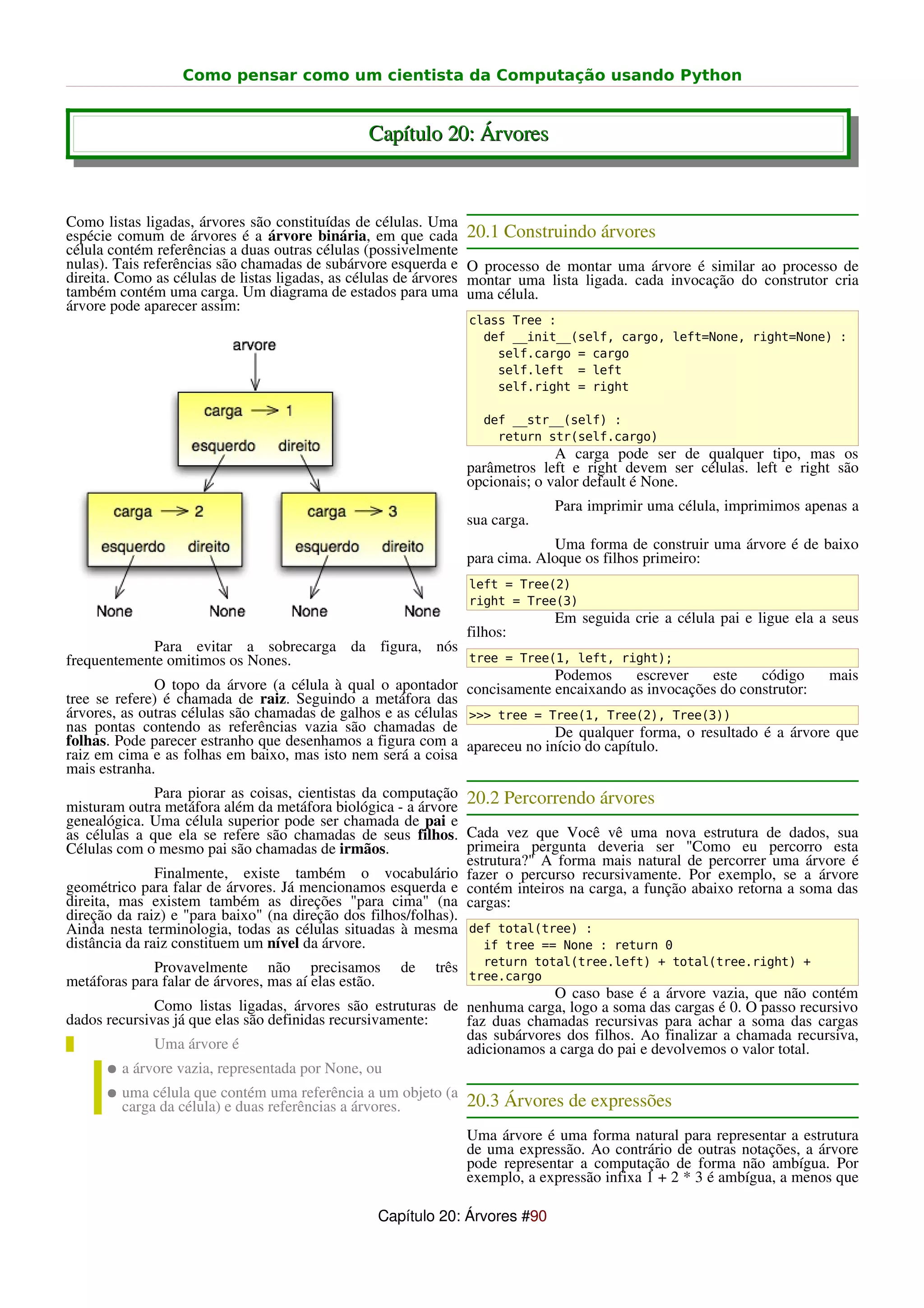 Como pensar como um cientista da Computação usando Python


                                                  Capítulo 20: Árvores


Como listas ligadas, árvores são constituídas de células. Uma
espécie comum de árvores é a árvore binária, em que cada              20.1 Construindo árvores
célula contém referências a duas outras células (possivelmente
nulas). Tais referências são chamadas de subárvore esquerda e         O processo de montar uma árvore é similar ao processo de
direita. Como as células de listas ligadas, as células de árvores     montar uma lista ligada. cada invocação do construtor cria
também contém uma carga. Um diagrama de estados para uma              uma célula.
árvore pode aparecer assim:
                                                                      class Tree :
                                                                        def __init__(self, cargo, left=None, right=None) :
                                                                          self.cargo = cargo
                                                                          self.left = left
                                                                          self.right = right

                                                                        def __str__(self) :
                                                                          return str(self.cargo)
                                                                                    A carga pode ser de qualquer tipo, mas os
                                                                      parâmetros left e right devem ser células. left e right são
                                                                      opcionais; o valor default é None.
                                                                                   Para imprimir uma célula, imprimimos apenas a
                                                                      sua carga.
                                                                                   Uma forma de construir uma árvore é de baixo
                                                                      para cima. Aloque os filhos primeiro:
                                                                      left = Tree(2)
                                                                      right = Tree(3)
                                                                                   Em seguida crie a célula pai e ligue ela a seus
                                                                      filhos:
              Para evitar a sobrecarga da figura, nós
frequentemente omitimos os Nones.                              tree = Tree(1, left, right);
                                                                           Podemos     escrever   este    código    mais
              O topo da árvore (a célula à qual o apontador concisamente encaixando as invocações do construtor:
tree se refere) é chamada de raiz. Seguindo a metáfora das
árvores, as outras células são chamadas de galhos e as células >>> tree = Tree(1, Tree(2), Tree(3))
nas pontas contendo as referências vazia são chamadas de                   De qualquer forma, o resultado é a árvore que
folhas. Pode parecer estranho que desenhamos a figura com a apareceu no início do capítulo.
raiz em cima e as folhas em baixo, mas isto nem será a coisa
mais estranha.
               Para piorar as coisas, cientistas da computação 20.2 Percorrendo árvores
misturam outra metáfora além da metáfora biológica - a árvore
genealógica. Uma célula superior pode ser chamada de pai e
as células a que ela se refere são chamadas de seus filhos. Cada vez que Você vê uma nova estrutura de dados, sua
Células com o mesmo pai são chamadas de irmãos.                 primeira pergunta deveria ser "Como eu percorro esta
                                                                estrutura?" A forma mais natural de percorrer uma árvore é
               Finalmente, existe também o vocabulário fazer o percurso recursivamente. Por exemplo, se a árvore
geométrico para falar de árvores. Já mencionamos esquerda e contém inteiros na carga, a função abaixo retorna a soma das
direita, mas existem também as direções "para cima" (na cargas:
direção da raiz) e "para baixo" (na direção dos filhos/folhas).
Ainda nesta terminologia, todas as células situadas à mesma def total(tree) :
distância da raiz constituem um nível da árvore.                   if tree == None : return 0
                                                                        return total(tree.left) + total(tree.right) +
             Provavelmente não precisamos                 de   três
metáforas para falar de árvores, mas aí elas estão.                   tree.cargo
                                                                          O caso base é a árvore vazia, que não contém
              Como listas ligadas, árvores são estruturas de nenhuma carga, logo a soma das cargas é 0. O passo recursivo
dados recursivas já que elas são definidas recursivamente:   faz duas chamadas recursivas para achar a soma das cargas
                                                             das subárvores dos filhos. Ao finalizar a chamada recursiva,
              Uma árvore é                                   adicionamos a carga do pai e devolvemos o valor total.
      ● a árvore vazia, representada por None, ou
      ● uma célula que contém uma referência a um objeto (a
         carga da célula) e duas referências a árvores.               20.3 Árvores de expressões
                                                                      Uma árvore é uma forma natural para representar a estrutura
                                                                      de uma expressão. Ao contrário de outras notações, a árvore
                                                                      pode representar a computação de forma não ambígua. Por
                                                                      exemplo, a expressão infixa 1 + 2 * 3 é ambígua, a menos que

                                                   Capítulo 20: Árvores #90
 