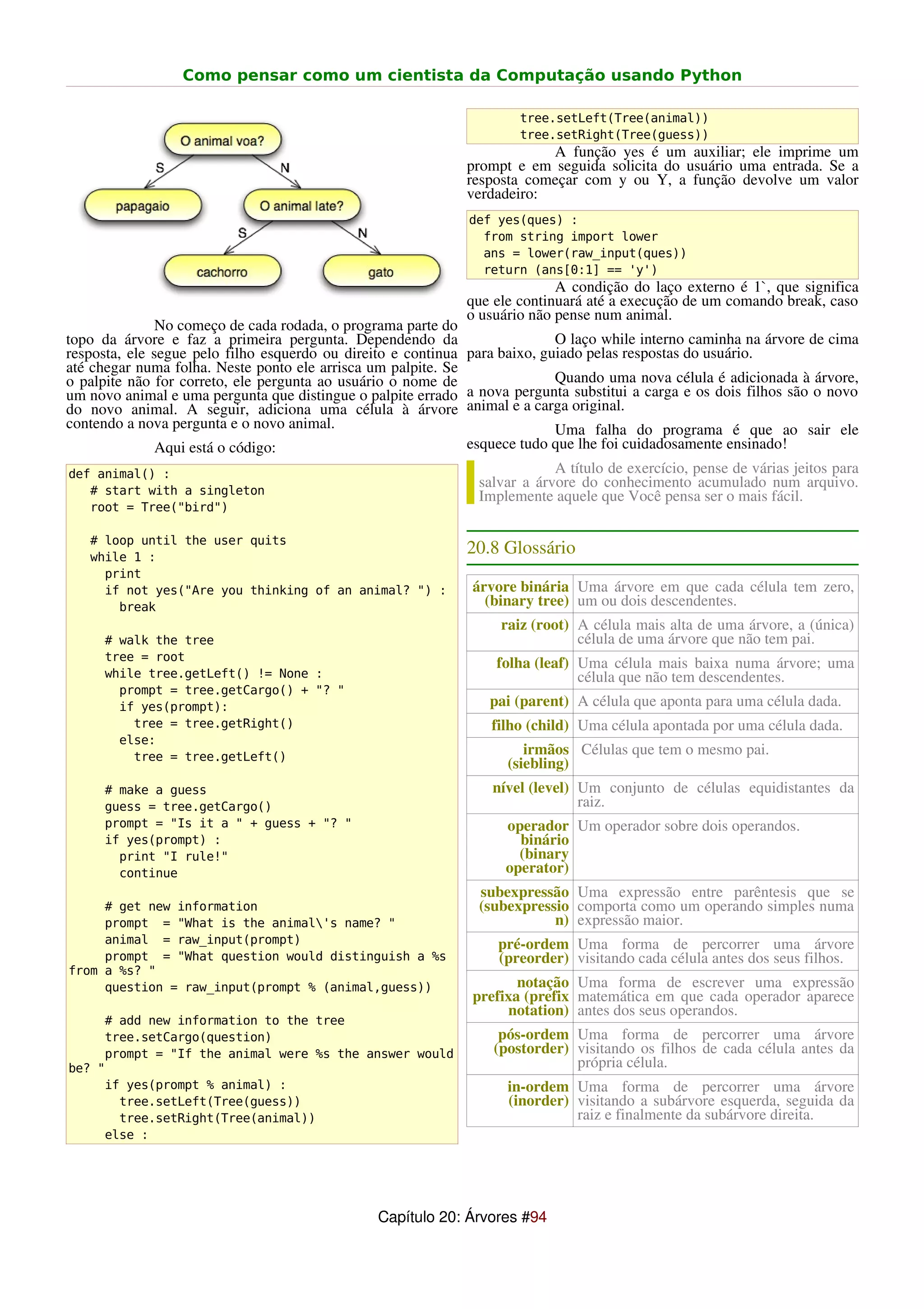 Como pensar como um cientista da Computação usando Python

                                                                     tree.setLeft(Tree(animal))
                                                                     tree.setRight(Tree(guess))
                                                                         A função yes é um auxiliar; ele imprime um
                                                             prompt e em seguida solicita do usuário uma entrada. Se a
                                                             resposta começar com y ou Y, a função devolve um valor
                                                             verdadeiro:
                                                              def yes(ques) :
                                                                from string import lower
                                                                ans = lower(raw_input(ques))
                                                                return (ans[0:1] == 'y')
                                                                           A condição do laço externo é 1`, que significa
                                                             que ele continuará até a execução de um comando break, caso
                                                             o usuário não pense num animal.
               No começo de cada rodada, o programa parte do
topo da árvore e faz a primeira pergunta. Dependendo da                     O laço while interno caminha na árvore de cima
resposta, ele segue pelo filho esquerdo ou direito e continua para baixo, guiado pelas respostas do usuário.
até chegar numa folha. Neste ponto ele arrisca um palpite. Se
o palpite não for correto, ele pergunta ao usuário o nome de                Quando uma nova célula é adicionada à árvore,
um novo animal e uma pergunta que distingue o palpite errado a nova pergunta substitui a carga e os dois filhos são o novo
do novo animal. A seguir, adiciona uma célula à árvore animal e a carga original.
contendo a nova pergunta e o novo animal.                                   Uma falha do programa é que ao sair ele
               Aqui está o código:                            esquece tudo que lhe foi cuidadosamente ensinado!
def animal() :                                                             A título de exercício, pense de várias jeitos para
                                                               salvar a árvore do conhecimento acumulado num arquivo.
   # start with a singleton                                    Implemente aquele que Você pensa ser o mais fácil.
   root = Tree("bird")

   # loop until the user quits
   while 1 :
                                                             20.8 Glossário
     print
     if not yes("Are you thinking of an animal? ") :          árvore binária Uma árvore em que cada célula tem zero,
       break                                                    (binary tree) um ou dois descendentes.
                                                                  raiz (root) A célula mais alta de uma árvore, a (única)
     # walk the tree                                                          célula de uma árvore que não tem pai.
     tree = root
                                                                  folha (leaf) Uma célula mais baixa numa árvore; uma
     while tree.getLeft() != None :                                            célula que não tem descendentes.
       prompt = tree.getCargo() + "? "
       if yes(prompt):                                           pai (parent) A célula que aponta para uma célula dada.
         tree = tree.getRight()                                  filho (child) Uma célula apontada por uma célula dada.
       else:
         tree = tree.getLeft()
                                                                      irmãos Células que tem o mesmo pai.
                                                                   (siebling)
     # make a guess                                              nível (level) Um conjunto de células equidistantes da
     guess = tree.getCargo()                                                   raiz.
     prompt = "Is it a " + guess + "? "                            operador Um operador sobre dois operandos.
     if yes(prompt) :                                                binário
       print "I rule!"                                               (binary
       continue                                                    operator)
                                                               subexpressão Uma expressão entre parêntesis que se
     # get new information                                     (subexpressio comporta como um operando simples numa
     prompt = "What is the animal's name? "                              n) expressão maior.
     animal = raw_input(prompt)                                   pré-ordem Uma forma de percorrer uma árvore
     prompt = "What question would distinguish a %s               (preorder) visitando cada célula antes dos seus filhos.
from a %s? "
     question = raw_input(prompt % (animal,guess))                   notação Uma forma de escrever uma expressão
                                                              prefixa (prefix matemática em que cada operador aparece
                                                                   notation) antes dos seus operandos.
     # add new information to the tree
     tree.setCargo(question)                                      pós-ordem Uma forma de percorrer uma árvore
     prompt = "If the animal were %s the answer would            (postorder) visitando os filhos de cada célula antes da
be? "                                                                        própria célula.
     if yes(prompt % animal) :                                     in-ordem Uma forma de percorrer uma árvore
       tree.setLeft(Tree(guess))                                   (inorder) visitando a subárvore esquerda, seguida da
       tree.setRight(Tree(animal))                                           raiz e finalmente da subárvore direita.
     else :




                                                Capítulo 20: Árvores #94
 