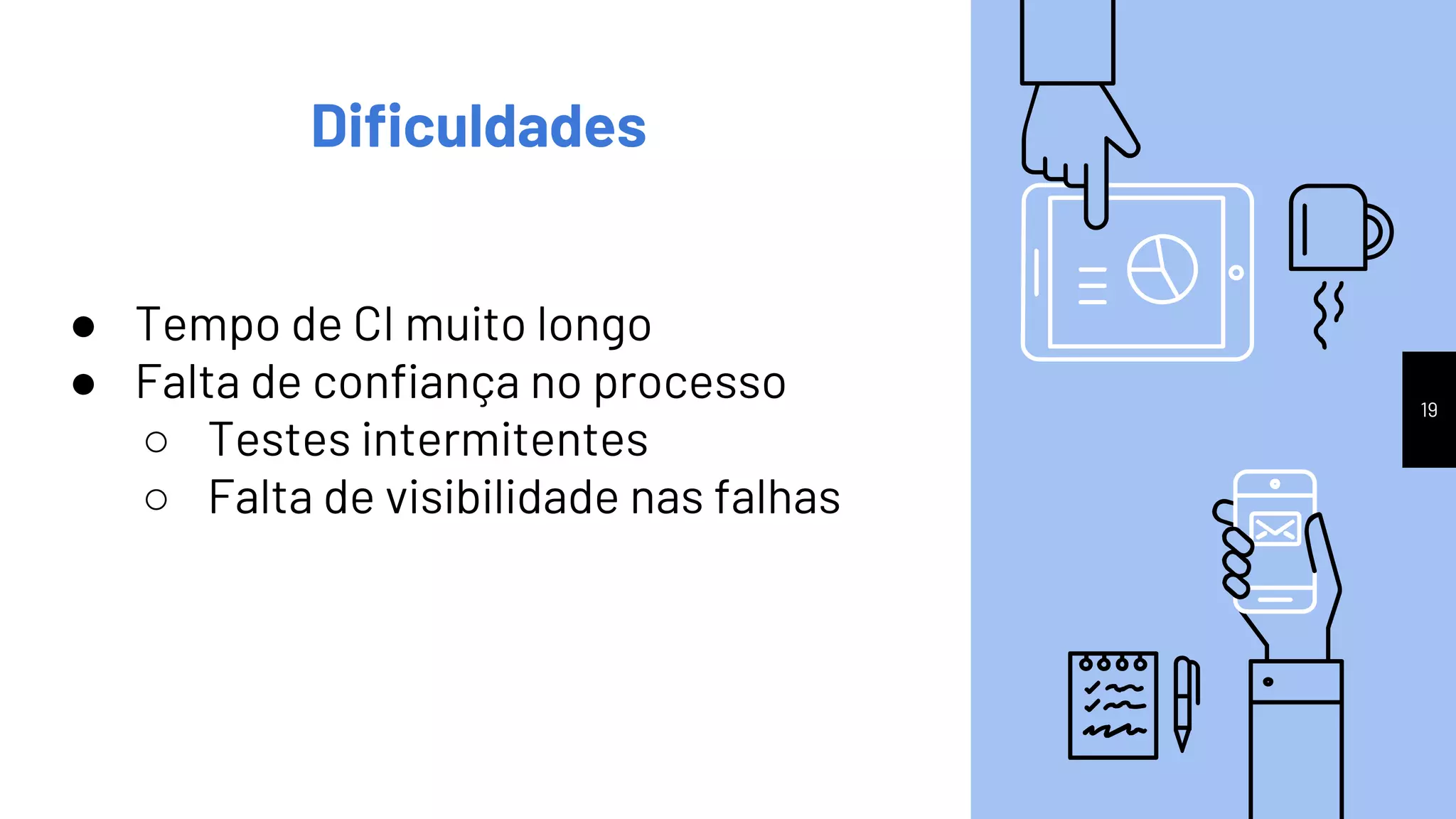 19
Dificuldades
● Tempo de CI muito longo
● Falta de confiança no processo
○ Testes intermitentes
○ Falta de visibilidade nas falhas
 