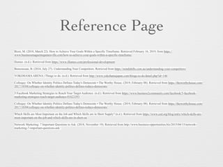 Reference Page
Bizet, M. (2018, March 22). How to Achieve Your Goals Within a Specific Timeframe. Retrieved February 16, 2019, from https://
www.businessmagazinegainesville.com/how-to-achieve-your-goals-within-a-specific-timeframe/
Ilumeo. (n.d.). Retrieved from https://www.illumeo.com/professional-development
Bensoussan, B. (2016, July 27). Understanding Your Competitors. Retrieved from https://mindshifts.com.au/understanding-your-competitors/
YOKOHAMAARENA | Things to do. (n.d.). Retrieved from http://www.yokohamajapan.com/things-to-do/detail.php?id=146
Colloquy: On Whether Identity Politics Defines Today's Democrats • The Worthy House. (2019, February 08). Retrieved from https://theworthyhouse.com/
2017/10/04/colloquy-on-whether-identity-politics-defines-todays-democrats/
5 Facebook Marketing Strategies to Reach Your Target Audience. (n.d.). Retrieved from https://www.business2community.com/facebook/5-facebook-
marketing-strategies-reach-target-audience-01623393
Colloquy: On Whether Identity Politics Defines Today's Democrats • The Worthy House. (2019, February 08). Retrieved from https://theworthyhouse.com/
2017/10/04/colloquy-on-whether-identity-politics-defines-todays-democrats/
Which Skills are Most Important on the Job and Which Skills are in Short Supply? (n.d.). Retrieved from https://www.ced.org/blog/entry/which-skills-are-
most-important-on-the-job-and-which-skills-are-in-short-su
Network Marketing: 7 Important Questions to Ask. (2018, November 19). Retrieved from http://www.business-opportunities.biz/2015/04/15/network-
marketing-7-important-questions-ask/
 