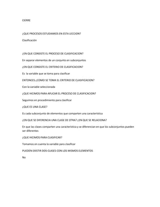 CIERRE
¿QUE PROCESOS ESTUDIAMOS EN ESTA LECCION?
Clasificación
¿EN QUE CONSISTE EL PROCESO DE CLASIFICACION?
En separar elementos de un conjunto en subconjuntos
¿EN QUE CONSISTE EL CRITERIO DE CLASIFICACION?
Es la variable que se toma para clasificar
ENTONCES ¿COMO SE TOMA EL CRITERIO DE CLASIFICACION?
Con la variable seleccionada
¿QUE HICIMOS PARA APLICAR EL PROCESO DE CLASIFICACION?
Seguimos en procedimiento para clasificar
¿QUE ES UNA CLASE?
Es cada subconjunto de elementos que comparten una característica
¿EN QUE SE DIFERENCIA UNA CLASE DE OTRA? ¿EN QUE SE RELACIONA?
En que las clases comparten una característica y se diferencian en que los subconjuntos pueden
ser diferentes
¿QUE HICIMOS PARA CLASIFICAR?
Tomamos en cuenta la variable para clasificar
PUEDEN EXISTIR DOS CLASES CON LOS MISMOS ELEMENTOS
No
 