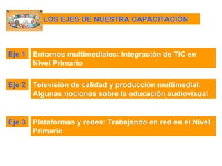 LOS EJES DE NUESTRA CAPACITACIÓN 
Eje 1 Entornos multimediales: Integración de TIC en 
Nivel Primario 
Eje 2 Televisión de calidad y producción multimedial: 
Algunas nociones sobre la educación audiovisual 
Eje 3 Plataformas y redes: Trabajando en red en el Nivel 
Primario 
 