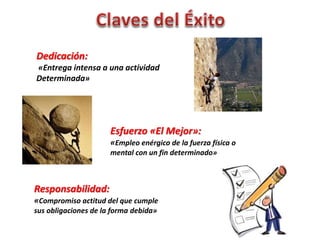 Dedicación: 
«Entrega intensa a una actividad 
Determinada» 
Esfuerzo «El Mejor»: 
«Empleo enérgico de la fuerza física o 
mental con un fin determinado» 
Responsabilidad: 
«Compromiso actitud del que cumple 
sus obligaciones de la forma debida» 
 