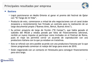 Principales resultados por empresa Bastiana Logró posicionarse en Medio Oriente al ganar el premio del festival de Qatar con “El Tango de mi Vida”.  Producto de esto, comenzaron a mitad de año negociaciones con el canal árabe AlJazeera y recientemente han firmado un contrato para la realización de un largo documental propio (“Buenos Aires, Beirut, Buenos Aires”).  Su primer proyecto de largo de ficción (“El Campo”), que había ganado el subsidio del INCAA y estaba parado por falta de financiamiento adicional, recibió un nuevo impulso al participar como invitados en el Festival de Roma, pues el viaje les permitió cerrar un acuerdo de coproducción con una productora italiana con la que ya estaban en tratativas.  Esto se reforzó con otro posible acuerdo con una productora francesa por lo que tienen programado comenzar el rodaje del largo para enero de 2010.  Están negociando con un contacto en Venezuela para conseguir financiamiento para otro largo. 